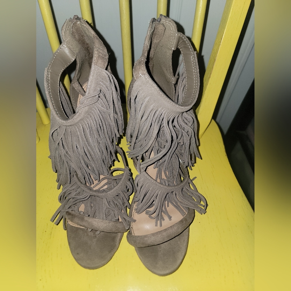 Candie's Fringe Suede Heels - Taupe